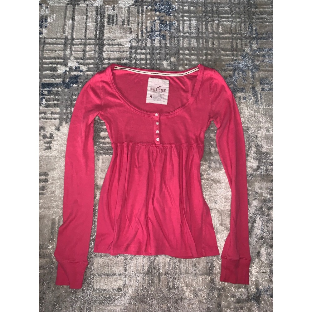Hollister Womens Pink Long Sleeve Empire Waist Henley Babydoll Top Y2K Size M
